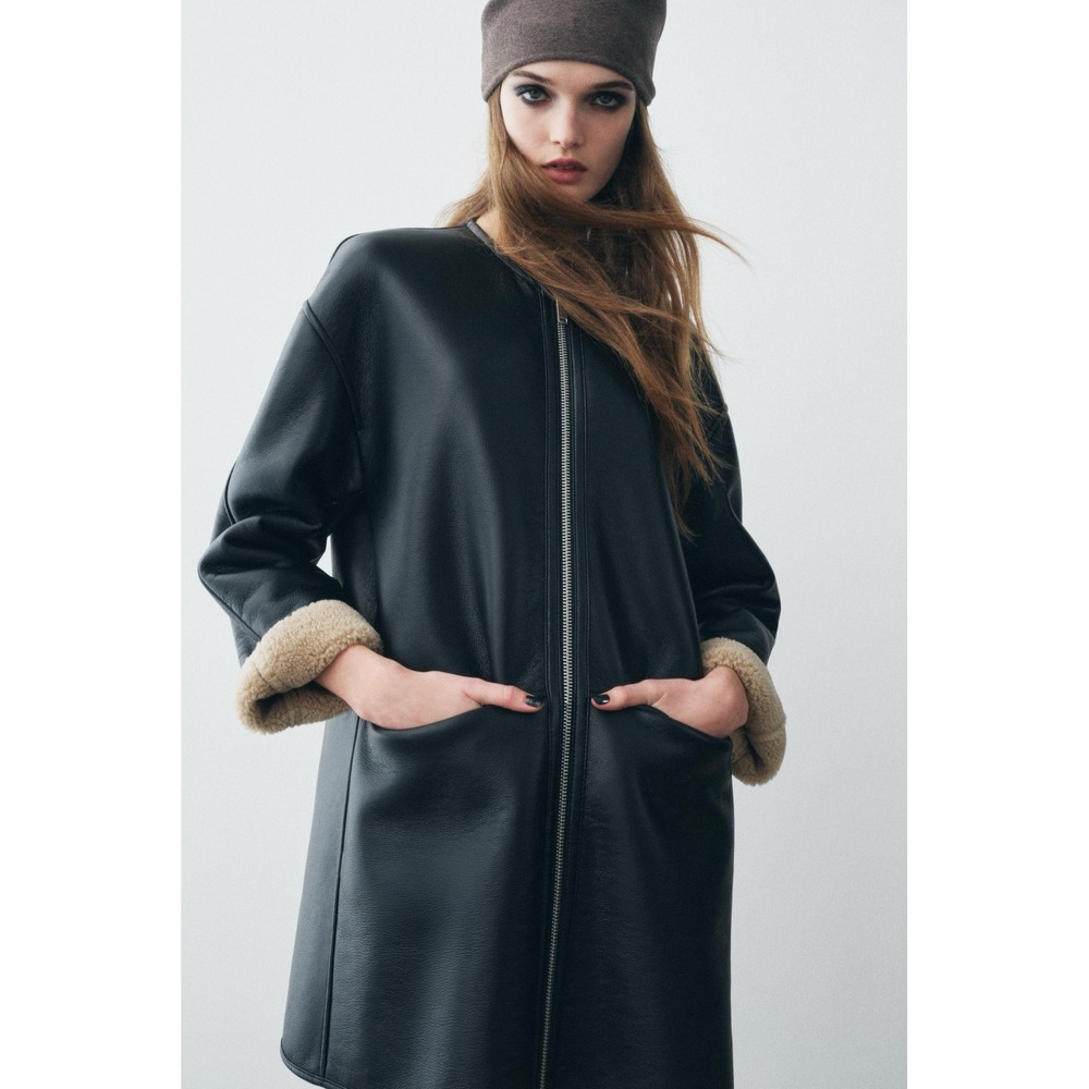 NWT!! ZARA ZW Collection Double‎ Faced Coat Jacket Black Fleece Lining Small